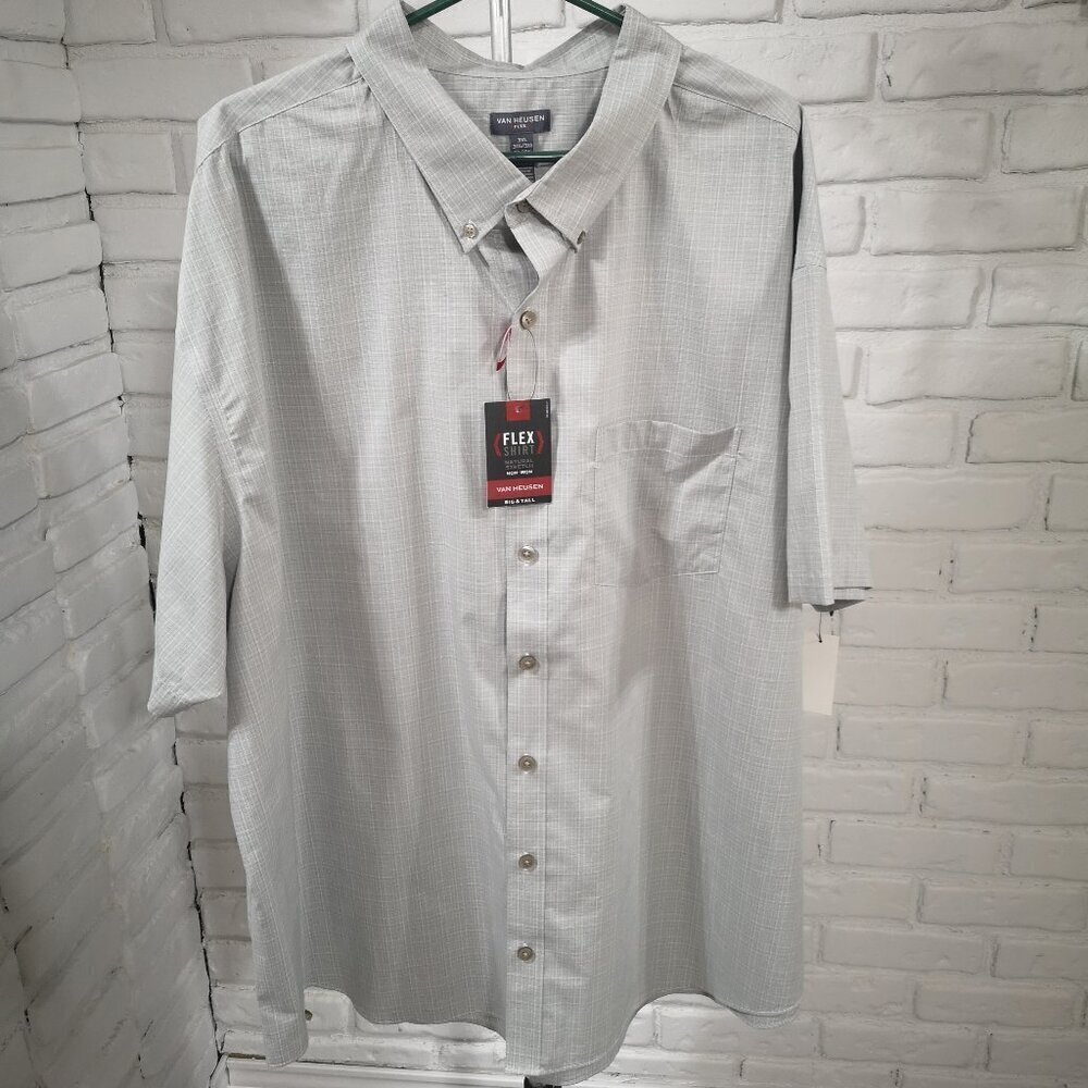 NWT Van Heusen Men's Size 3XL Naturel Stretch Non-Iron Grey Plaid Shirt